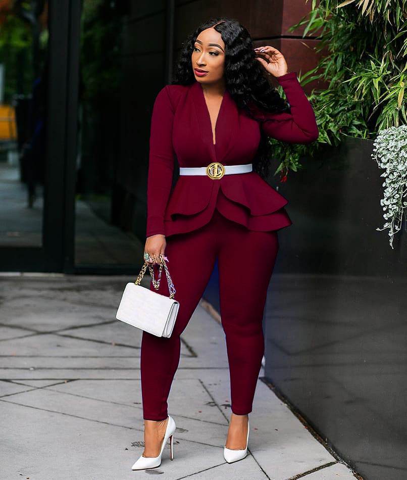 Women Winter Two Piece Tracksuit Set with Ruffled Blazer and Pencil Pants for Office Wear