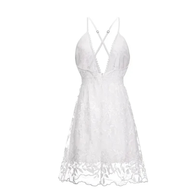 Backless White Dress V Neck Sleeveless Lace Beach Dress