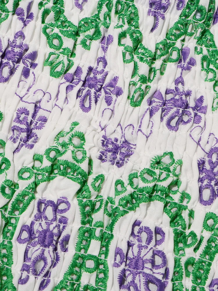 Embroidery Print Strapless Mini Dress Ruffled High Waist