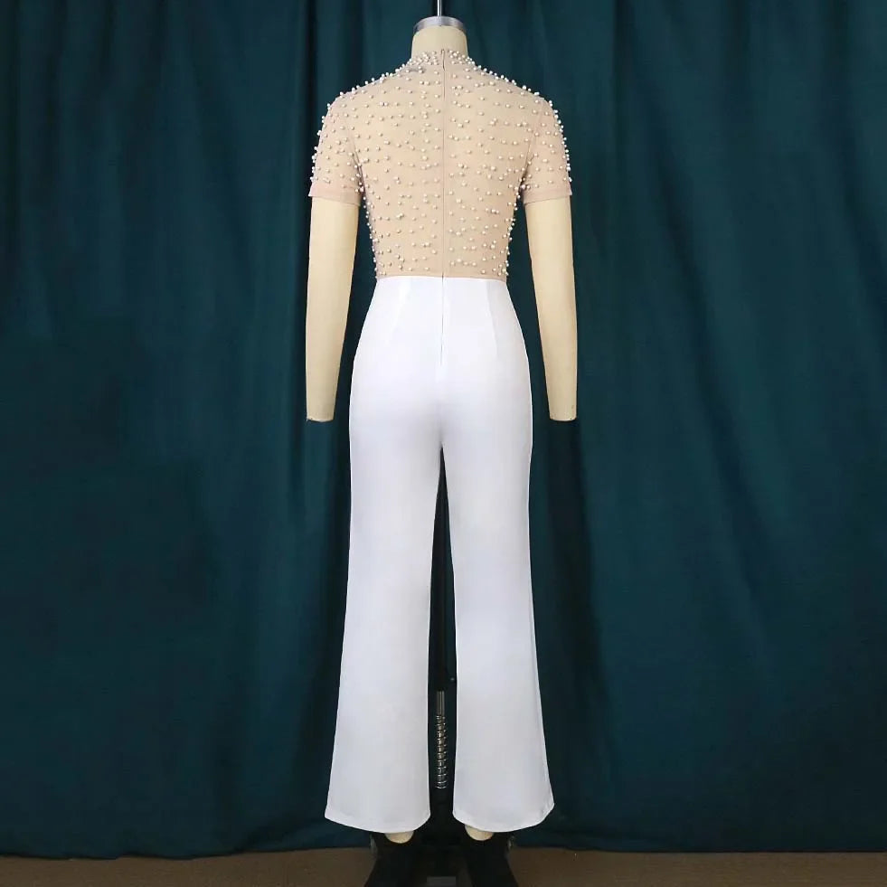 Elegant High Waisted Beaded Short Sleeve Jumpsuit for Women Luxury Birthday Dinner Party Romper Overalls Outfit