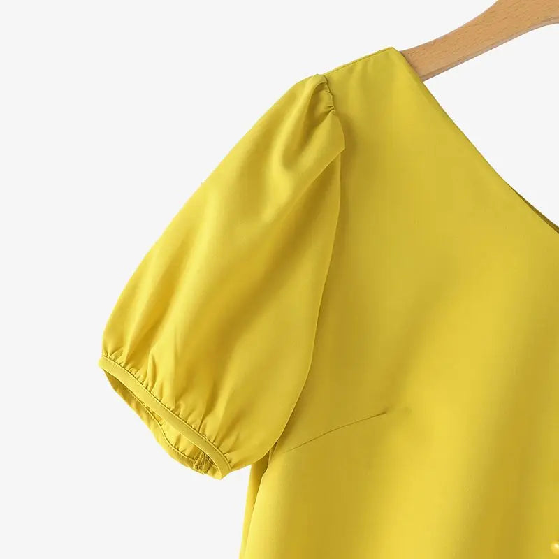 V Neck Puff Sleeve Midi Dress Solid Color Casual Wear