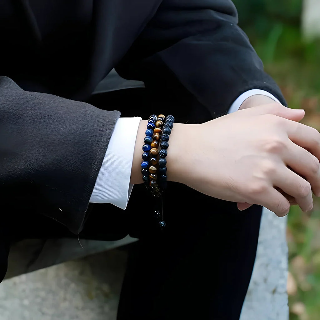 Natural Tiger Eye Lava Rock Beaded Bracelet Set for Men - Handmade Protection Gift