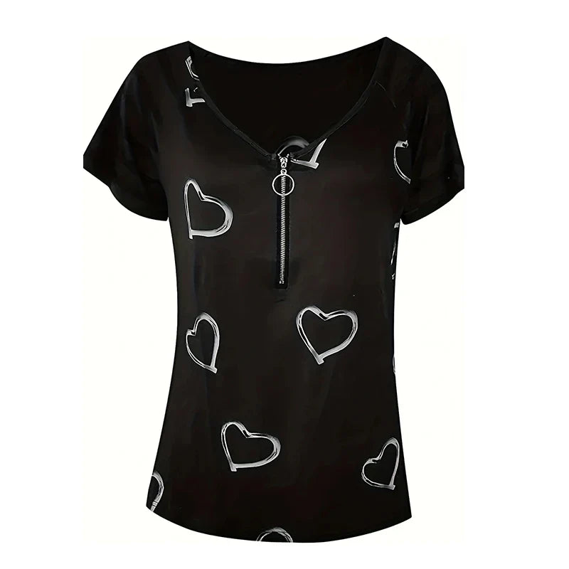 Womens Casual Zipper Short Sleeve V Neck Loose T Shirt