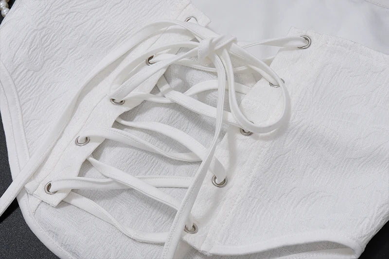 Solid Pearl Embellished Two Piece Set Sleeveless Floral Slim Fit Vest with Pleated Mini Skirt Summer Women's Fashion Ensemble