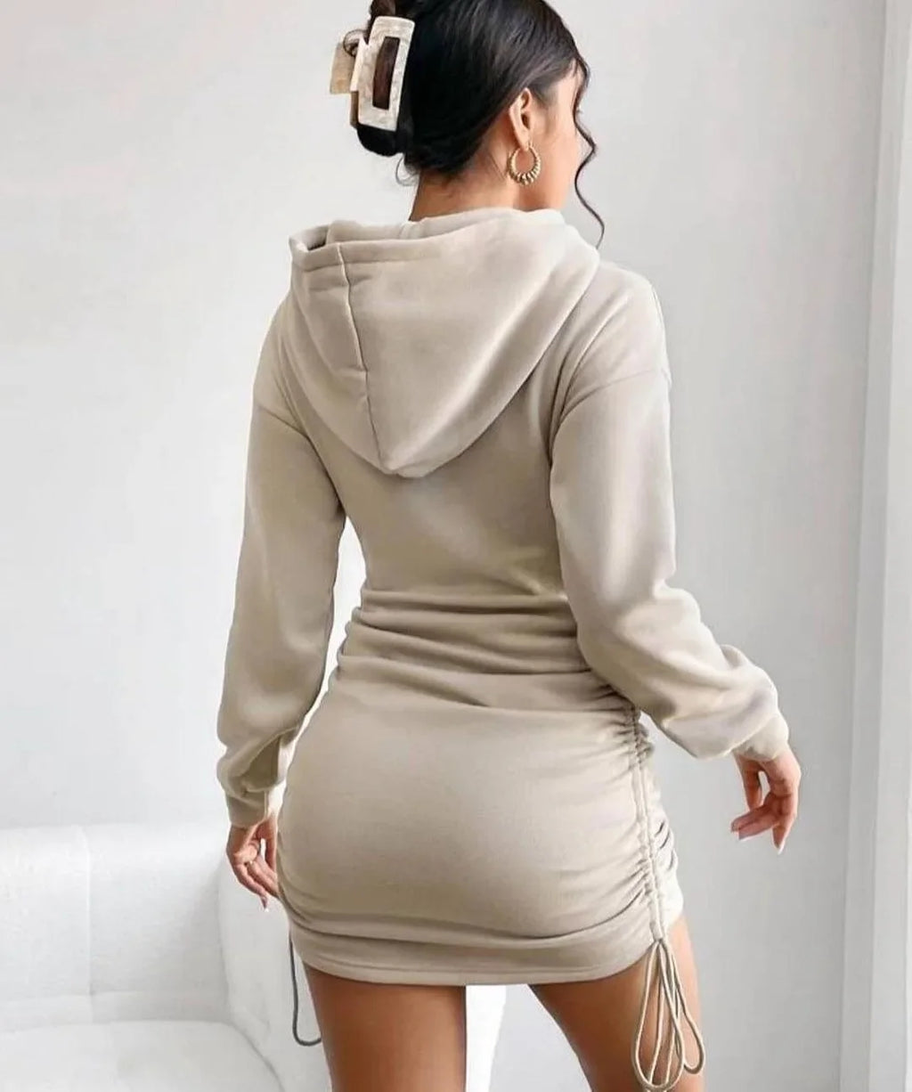 Hoodie Dress With Drawstring Ruched Drop Shoulder For Women