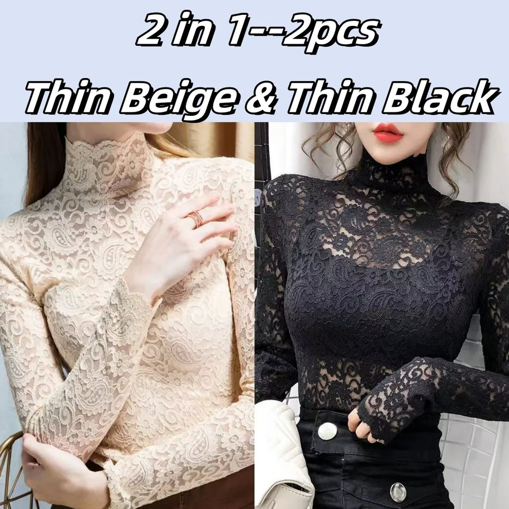 Winter High Neck Long Sleeve Fleece Lace Women T-Shirt Elegant Trendy Top