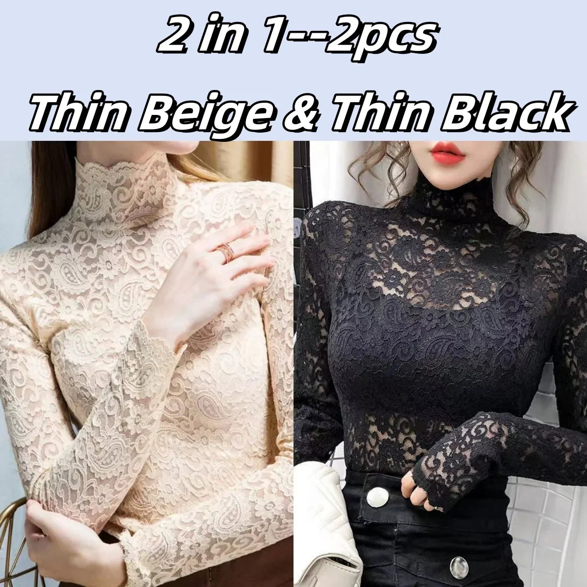 Winter High Neck Long Sleeve Fleece Lace Women T-Shirt Elegant Trendy Top