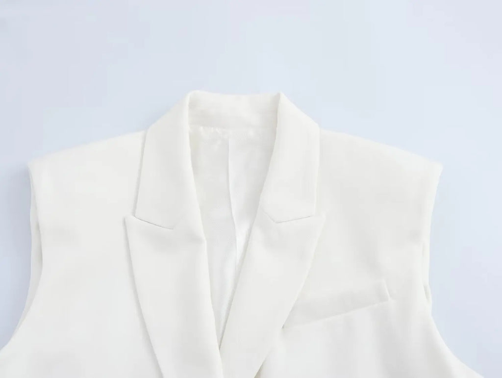 Women Chic Cropped Vest Pants Suit with Lapel and Single Button High-Waist Zip Straight-Leg Trousers Set