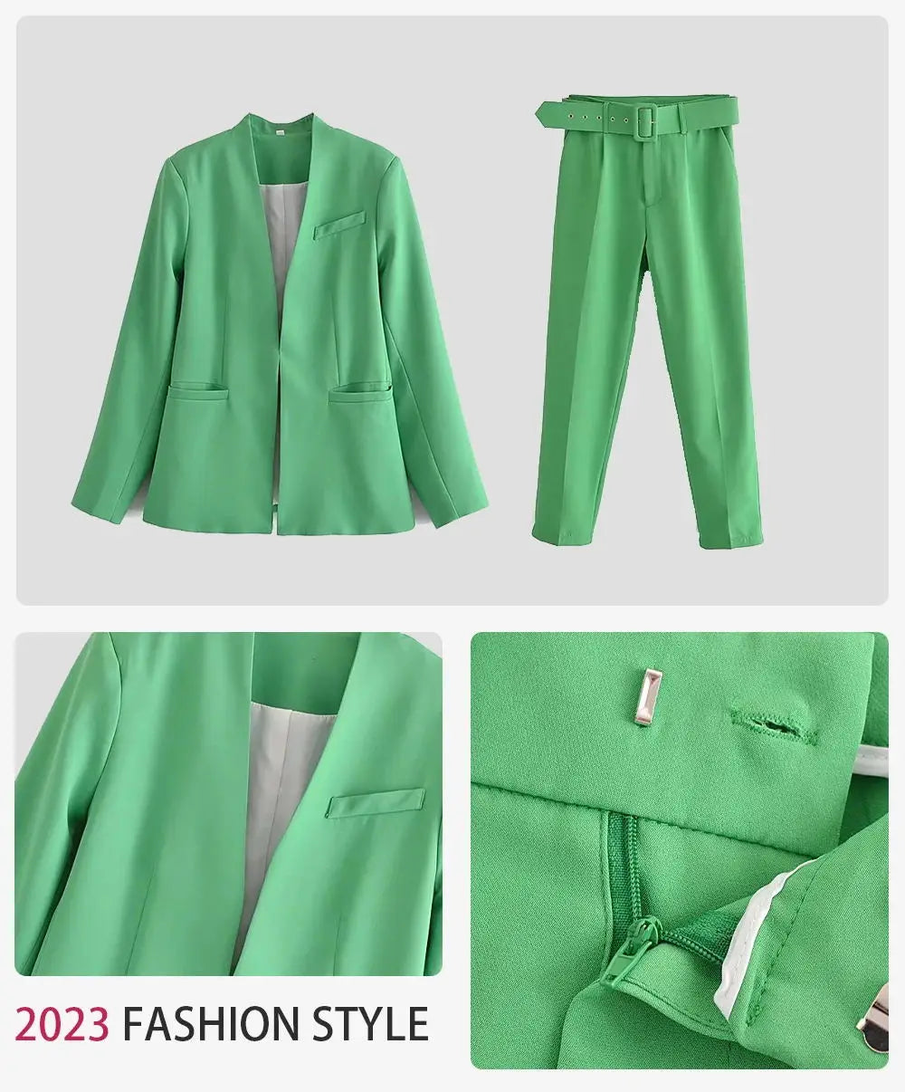 Women's Solid Color Office Suit Coat and High Waist Ankle-Length Pants Set