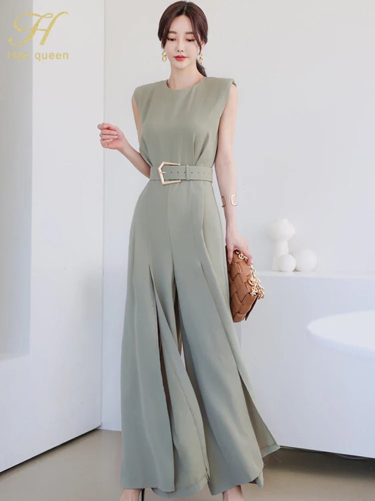 Elegant Women's Business Jumpsuit O-Neck Wide Leg Split Trousers Long Casual Workwear Romper