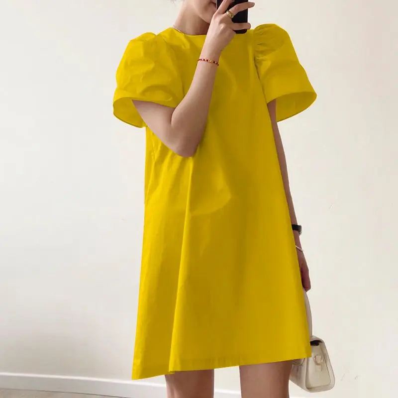 Summer Women Sundress Mini Pleated Puff Sleeve Dress