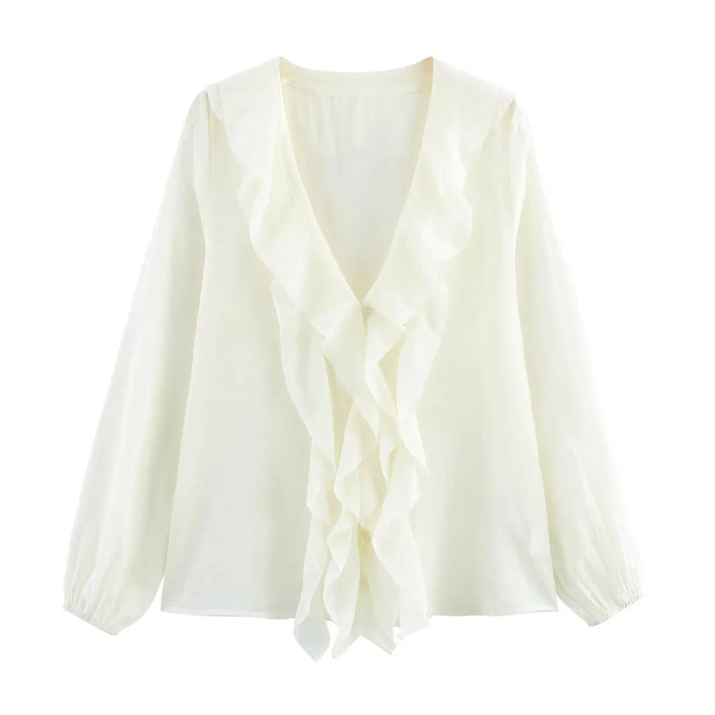 Women's Fashion V-Neck Puffy Long Sleeve Shirt with Layered Decoration and Elegant Temperament