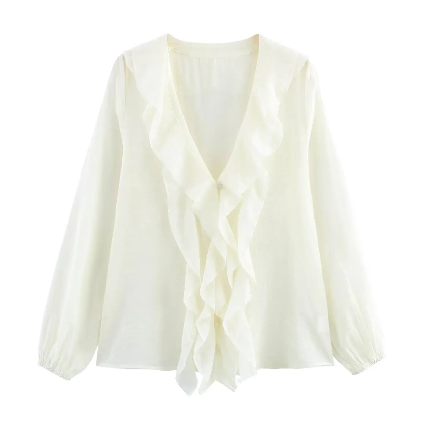 Women's Fashion V-Neck Puffy Long Sleeve Shirt with Layered Decoration and Elegant Temperament
