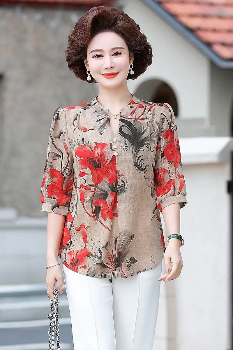 Summer Vintage Floral Blouse for Women Single-Breasted Round Neck Half Sleeve Casual Shirt with Broken Flower Print