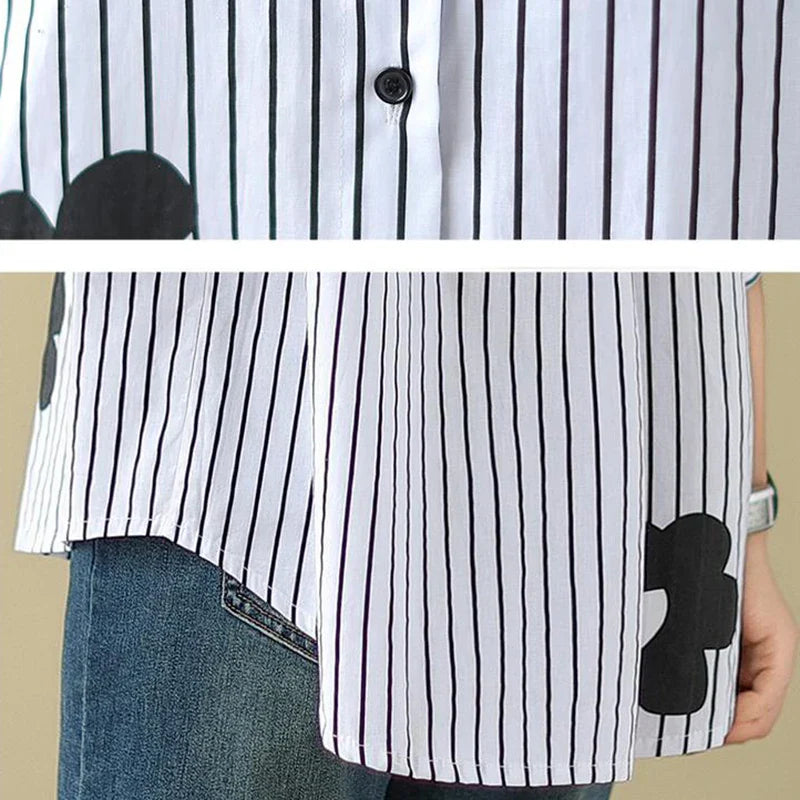 Women's Turn-Down Collar Flower Stripe Long Sleeve Loose Fit Blouse Casual Single Breasted White Vintage-Inspired Shirt Top