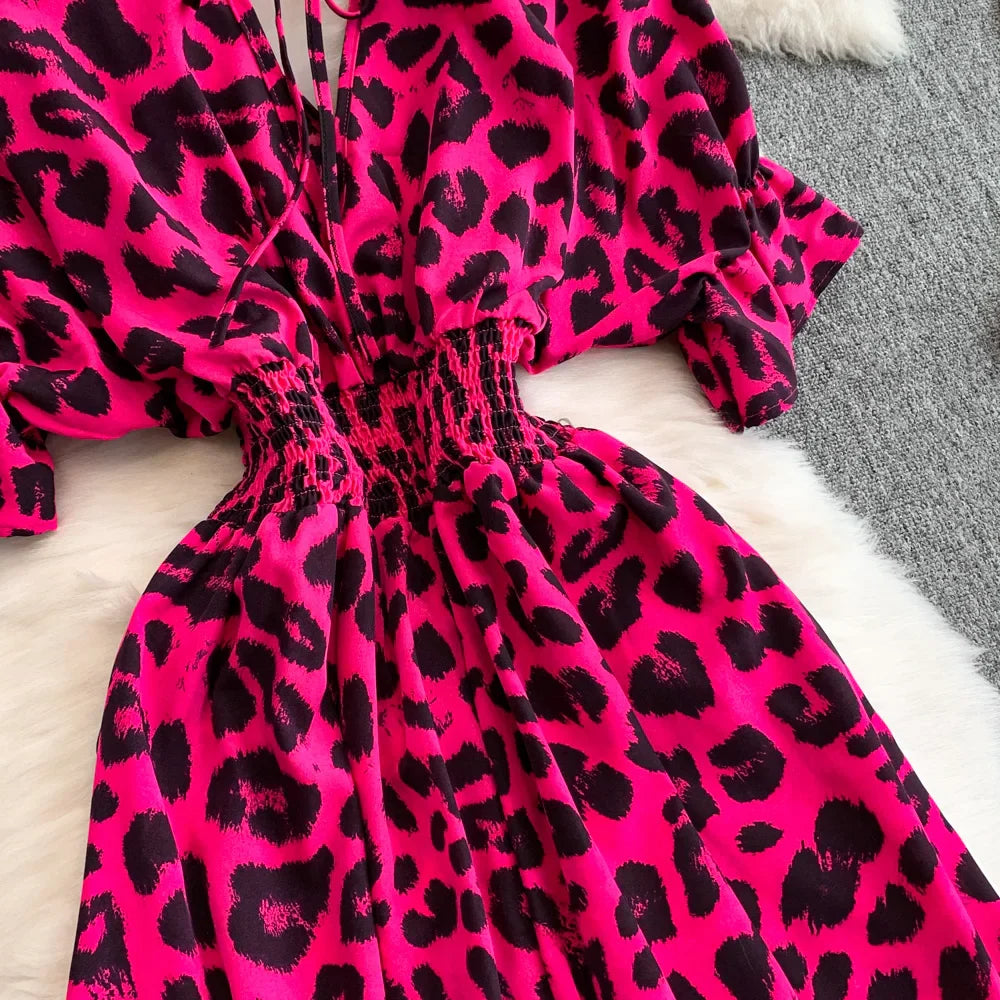 Women's Summer V-Neck Leopard Print Lace-Up Jumpsuit Short Sleeve Loose Fit Playsuit Overalls with Elegant Ruffle Detail