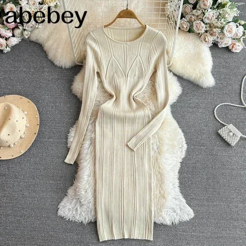 Long Sleeve Knitted Bodycon Dress For Women Autumn Retro