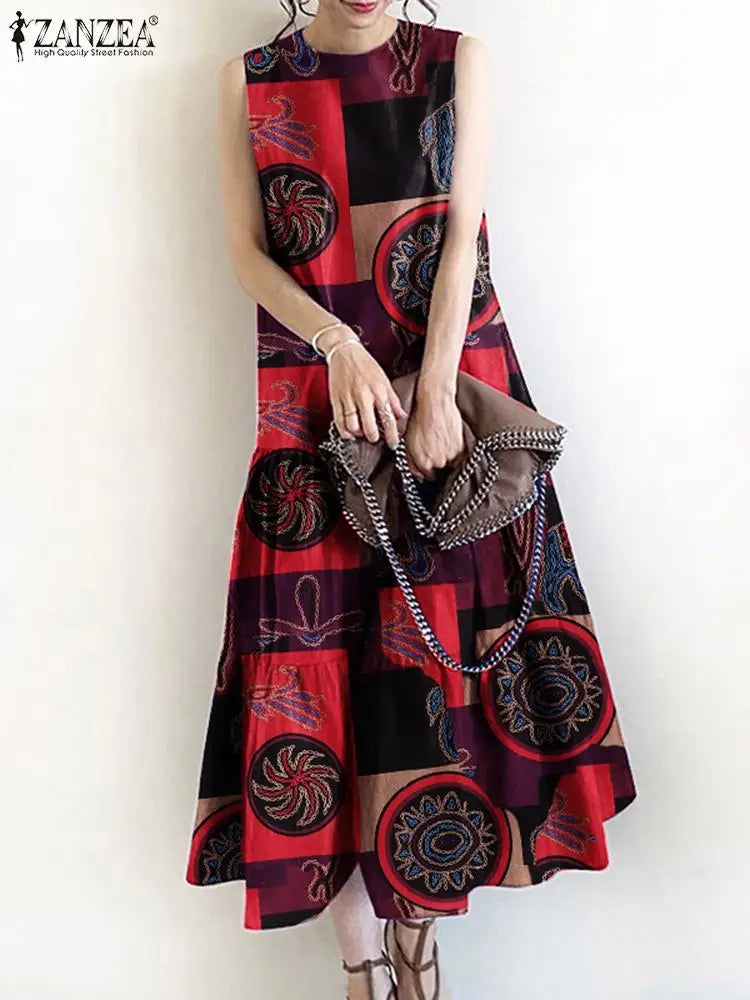 Bohemian Printed Sundress For Women O Neck Sleeveless
