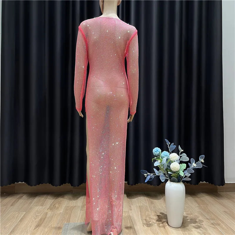 Rhinestone See Through Club Dress With Fishnet Details