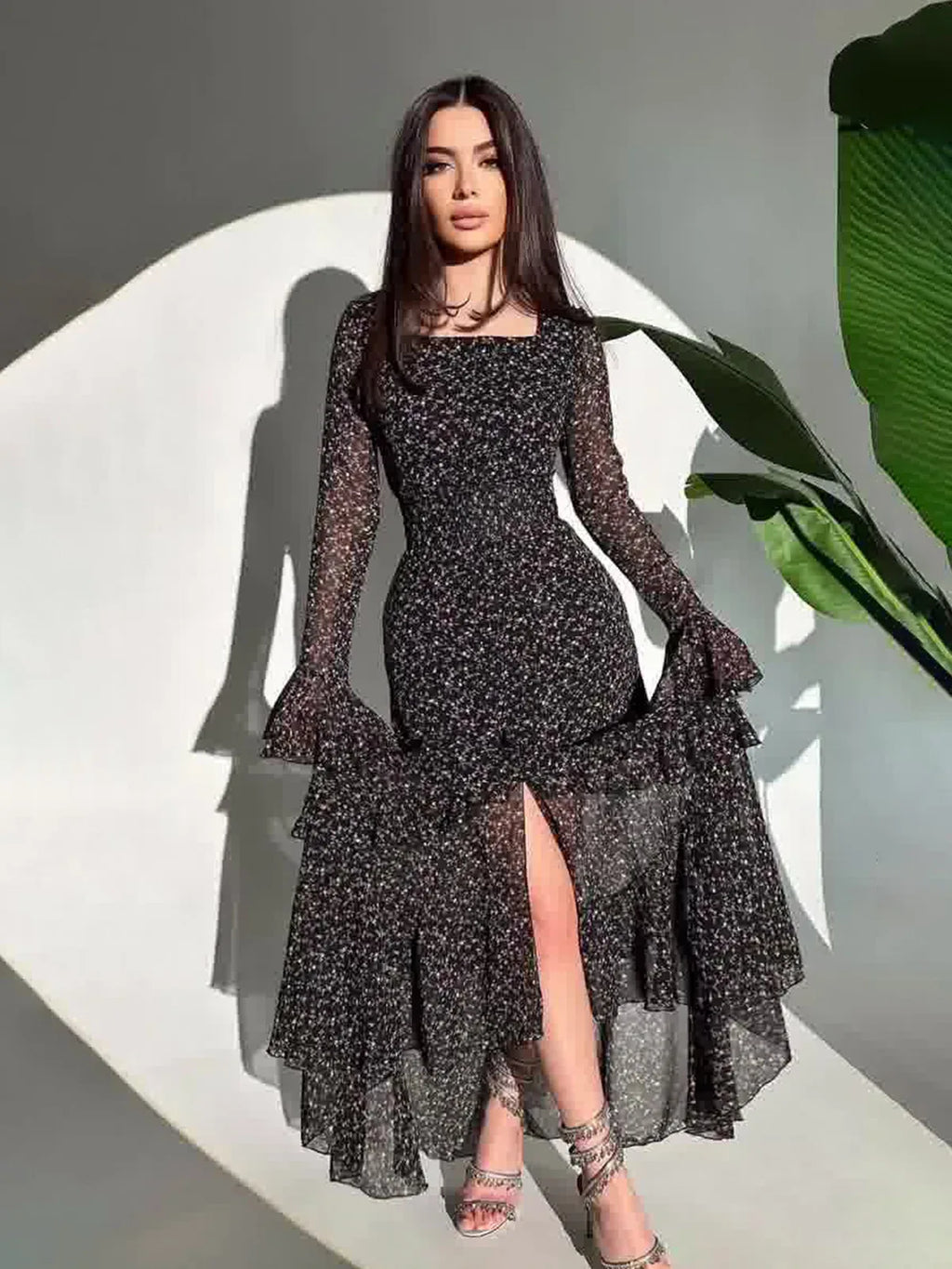 Elegant Printed Chiffon Maxi Dress With Lotus Sleeve Details