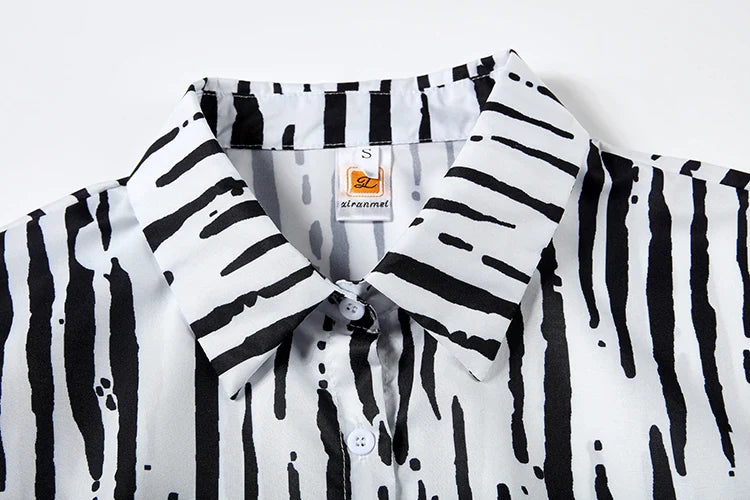 Fashion Printed Loose Long Sleeve Shirt and Straight Leg Pants Set for Women