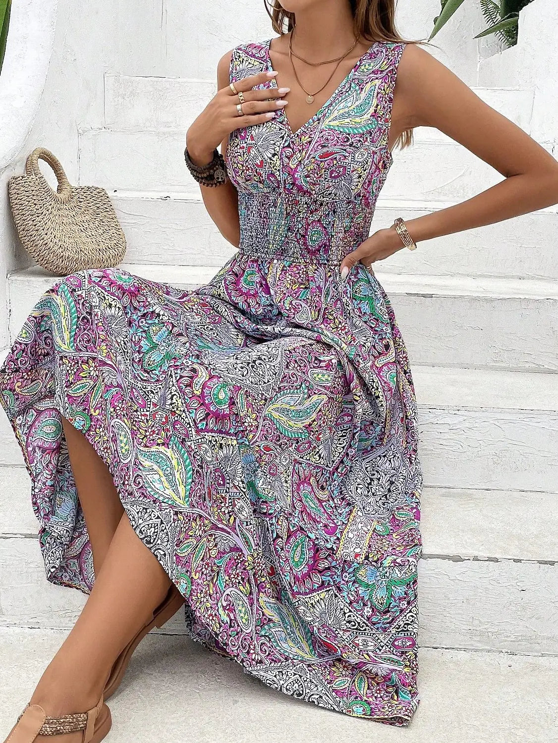 Elegant Womens Printed Vneck High Waisted Dress For Casual