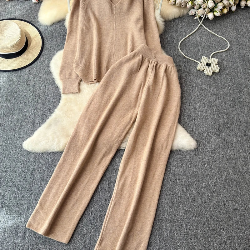 Knitted V-Neck Sweater and Straight Jogging Pants Women's Tracksuit Set