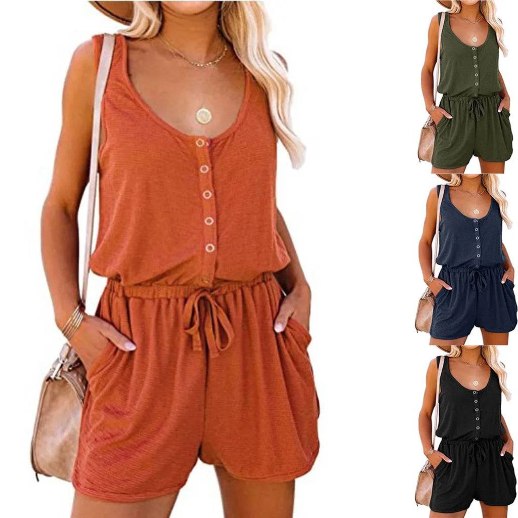 Sleeveless Summer Jumpsuit for Women with Waist Tie Casual Loose Fit Wide Leg Shorts