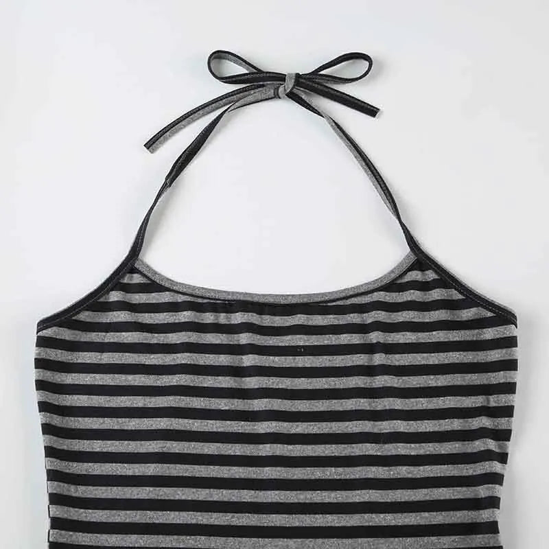 Casual Striped Two Piece Set for Women Slim Fit Backless Bandage Halter Top with Low-Waisted Shorts Summer Lounge Wear