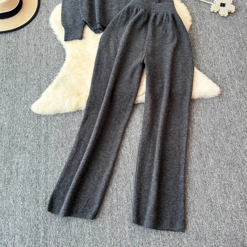 Cozy Knitted Two-Piece Women's Tracksuit Set with V-Neck Sweater and Straight Jogging Pants Autumn Winter Lounge Wear