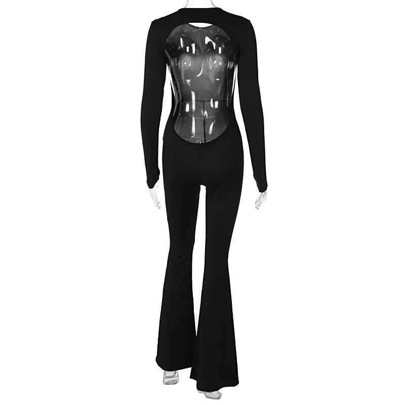Sexy Black Backless Long Sleeve Bodycon Jumpsuit for Women Slim Fit Flare Pants Casual Streetwear Rompers Autumn Fashion