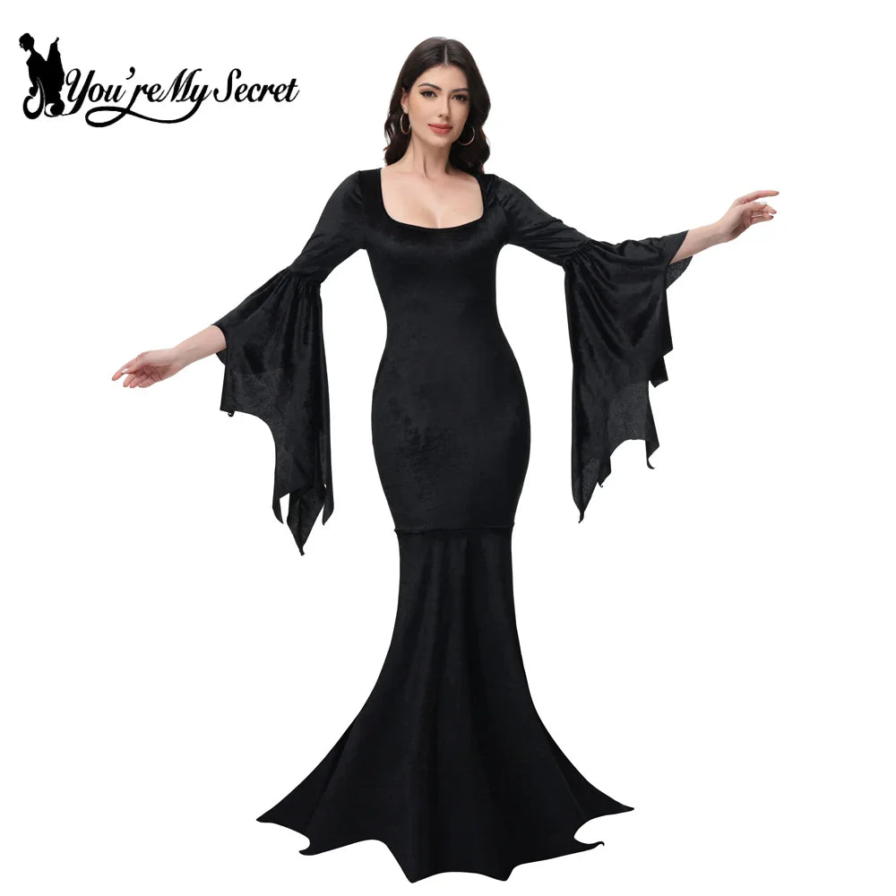 Morticia Addams Gothic Velvet Dress With Flared Sleeves