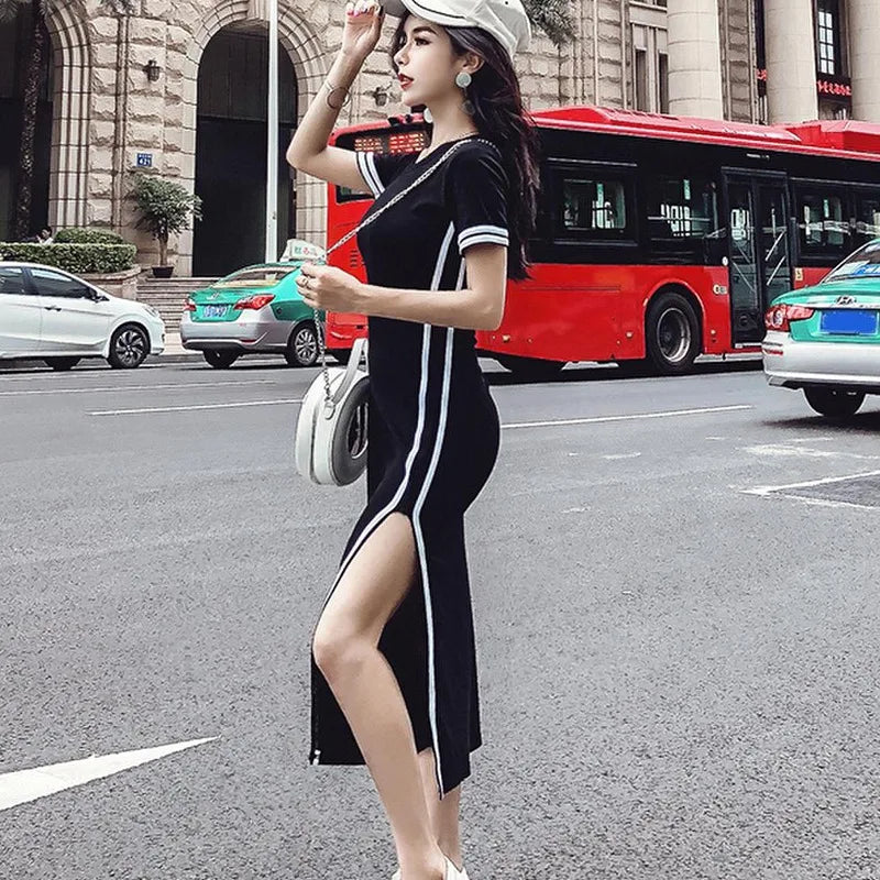 Casual High Waist Short Sleeve Midi Dress For Women