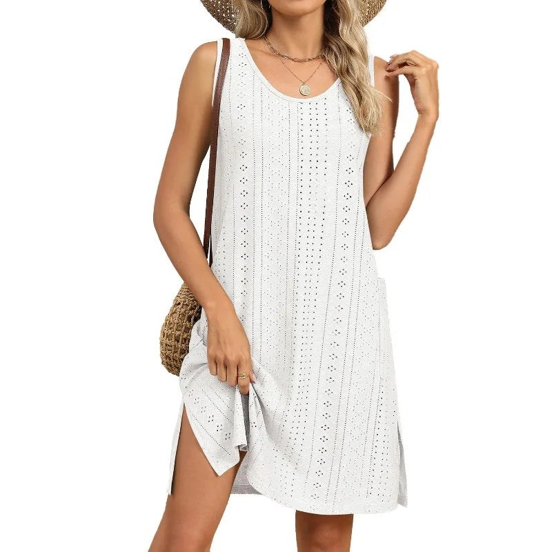 Loose Sleeveless Dress With Pockets Round Neck Solid Color