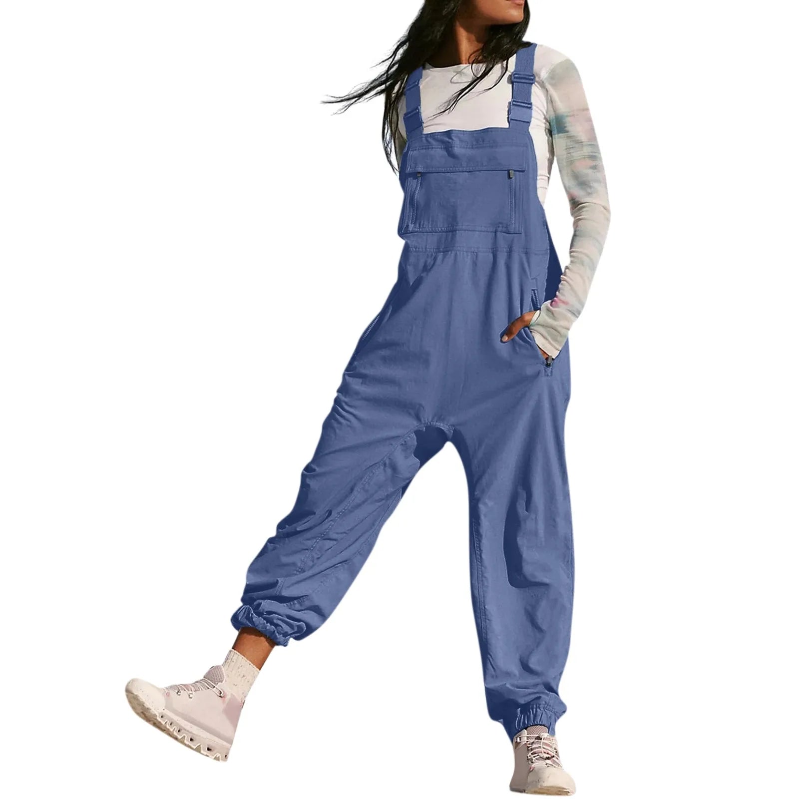 Women's Summer Casual Loose Wide Leg Jumpsuit with Adjustable Straps Pockets and Retro Button Detail Solid Color Sleeveless Overalls