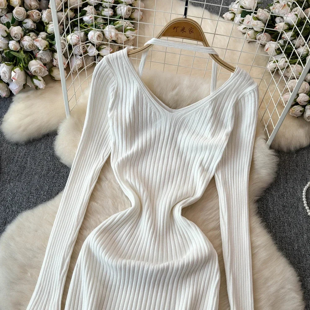 White Long Sleeve V Neck Lace Up Elegant Dress For Women