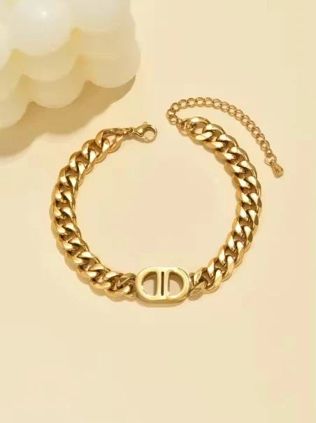 Gold Color Cuban Chain Necklace and Bracelet Set for Women with Geometric Charms