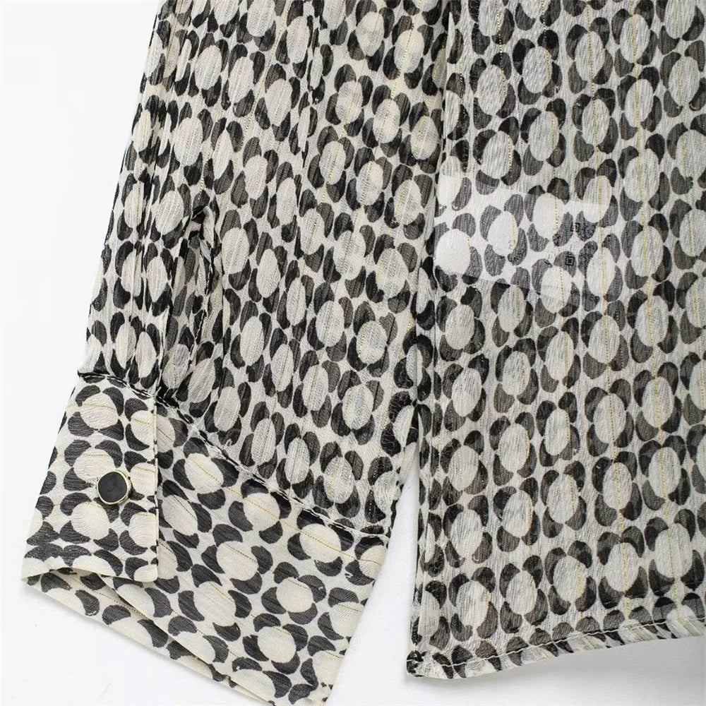 Women's Versatile Long Sleeve Printed Shirt with Decorative Chest Stacking and Casual Collar for Autumn Fashion and Leisure Wear