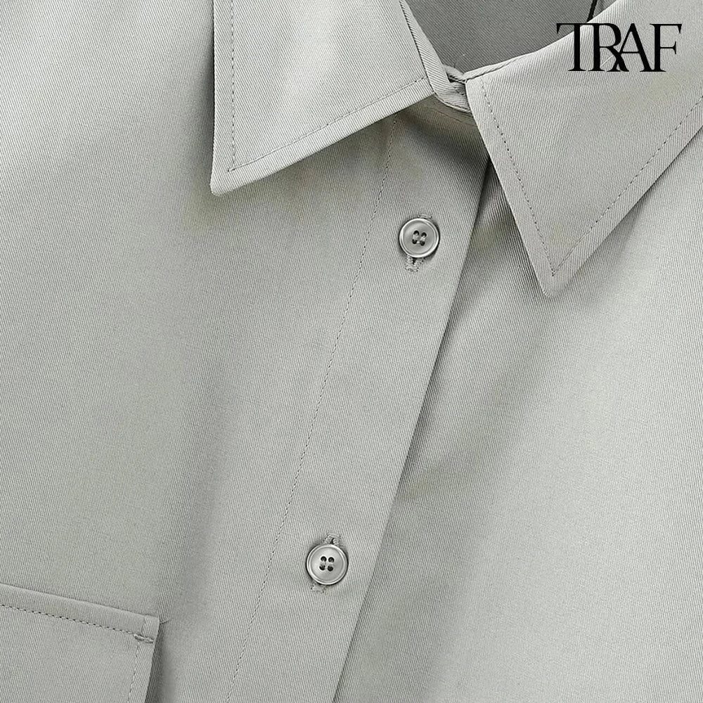 Women's Vintage Lapel Collar Patch Pocket Shirt Long Sleeve Single Breasted Casual Blouse Street Style Top