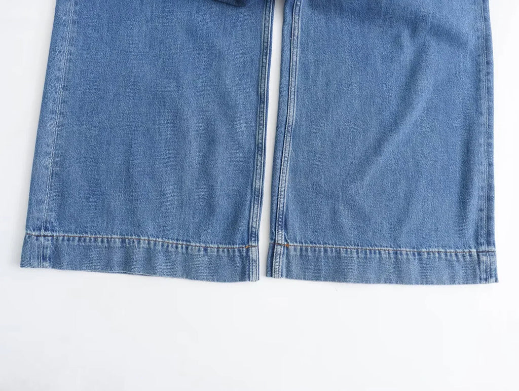 Blue Oversized Shirt and Wide Baggy Pants Denim Two Piece Set for Women Casual Autumn Outfit