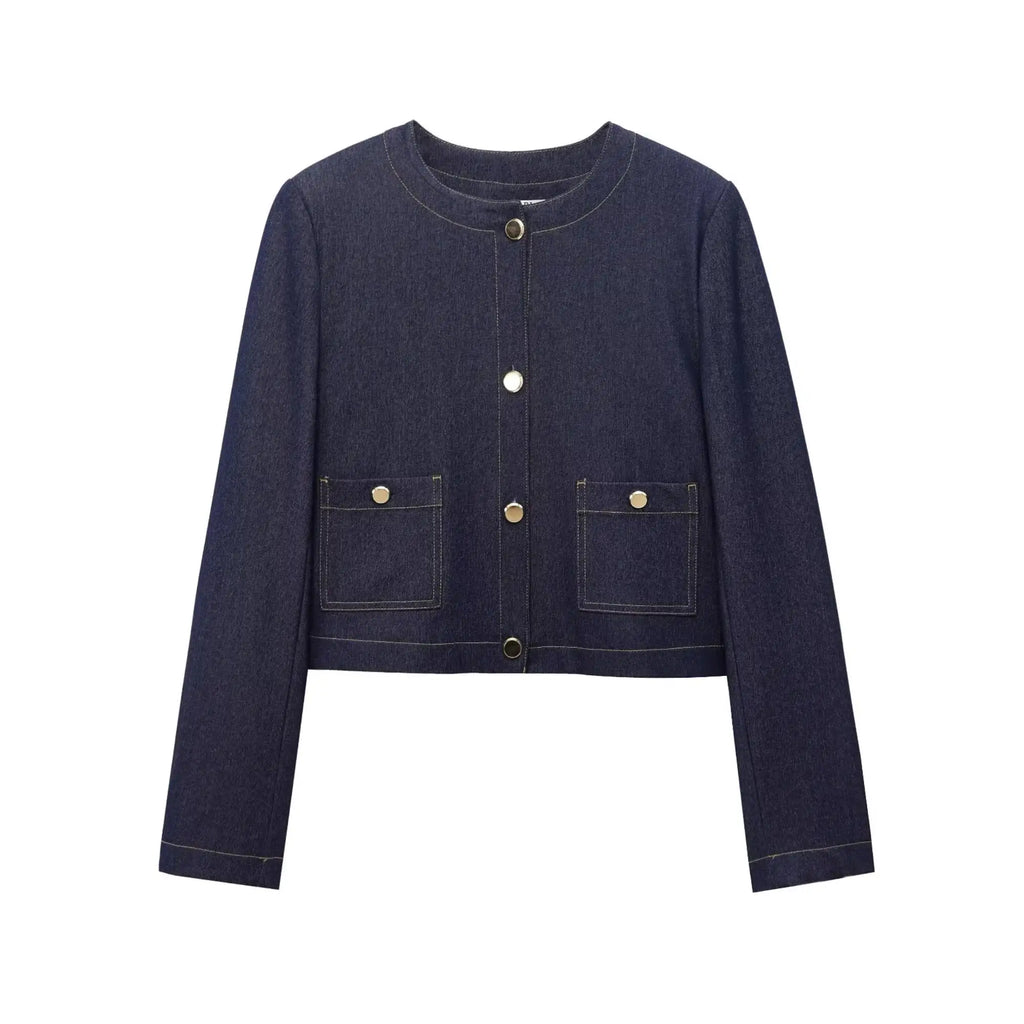 Fashion Women Solid Jacket and Wide Leg Pant Set with Cropped Coat and Zipper Details