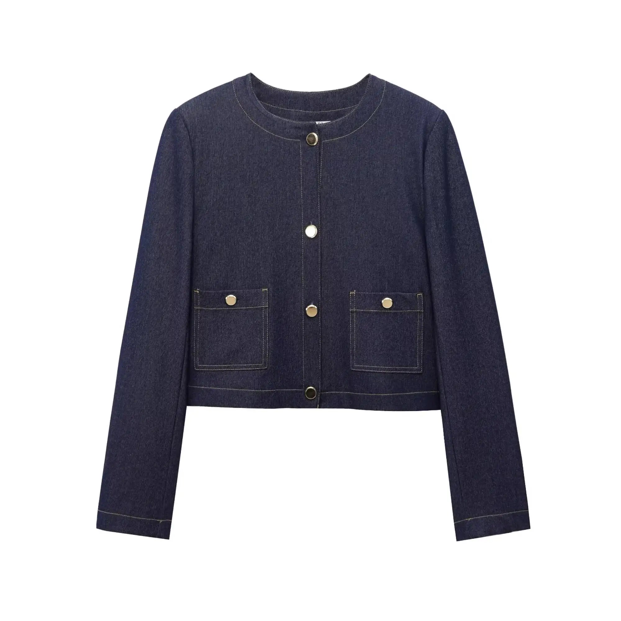 Fashion Women Solid Jacket and Wide Leg Pant Set with Cropped Coat and Zipper Details