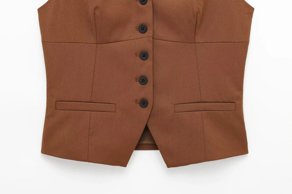 Women's Sleeveless Button-Down Vest with Pockets and Matching Mini Skirt Two-Piece Set for Chic and Stylish Look