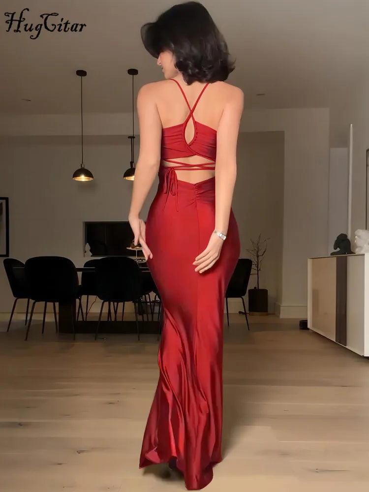 Backless Bandage Maxi Dress Solid Draped Gown for Prom