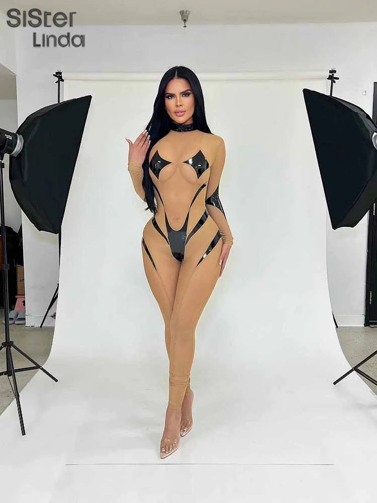 Sexy Mesh Patchwork Long Sleeve Skinny See-Through Zip One-Piece Jumpsuit for Women Party Clubwear