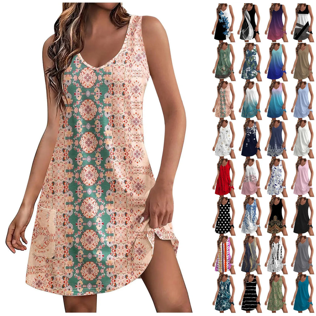 Floral Boho Sundress With Pockets V Neck Knee Length