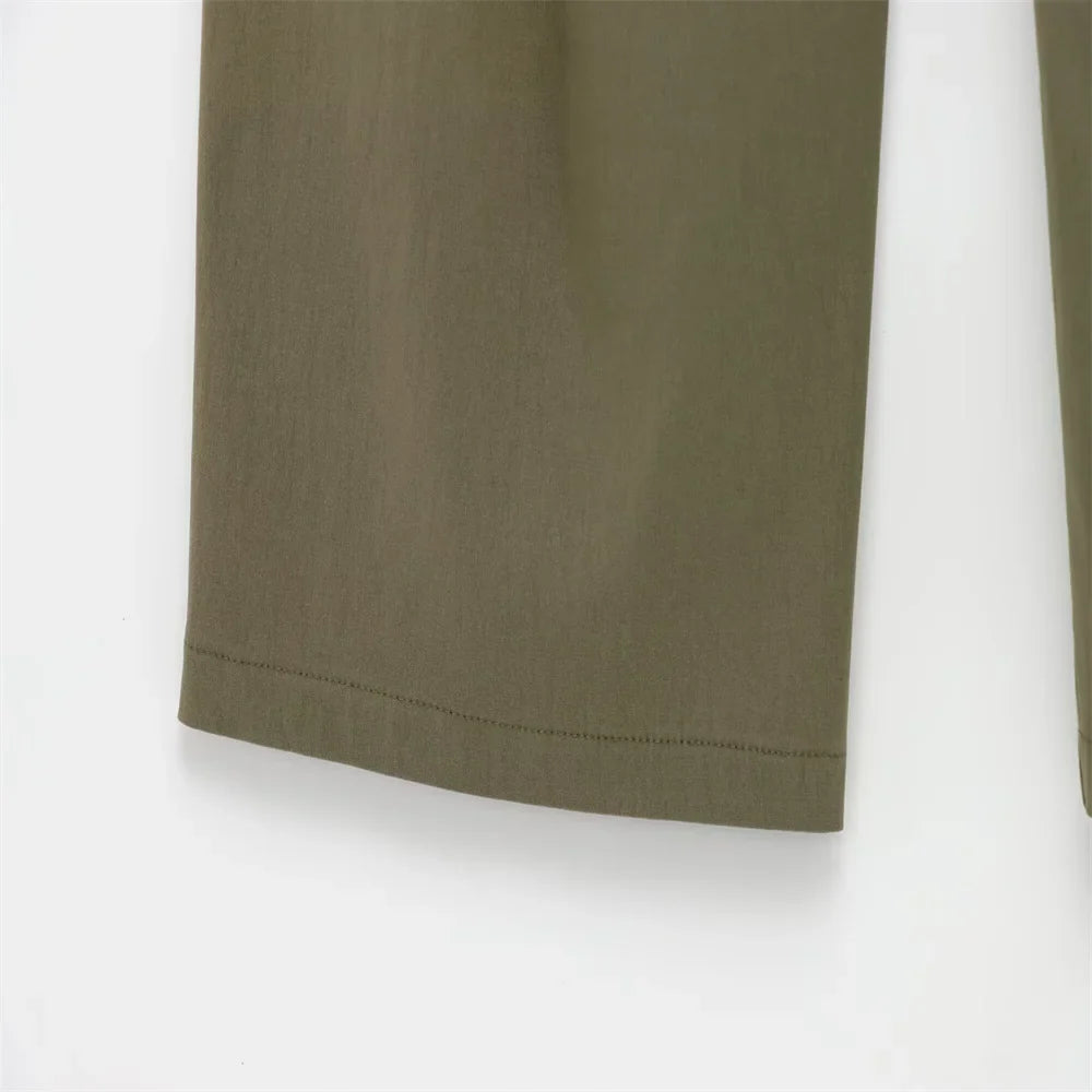 Olive Green Cowl Neck Asymmetric Zip Jacket with Elastic Waist Wide Leg Cargo Pants Set for Trendy Women's Fashion