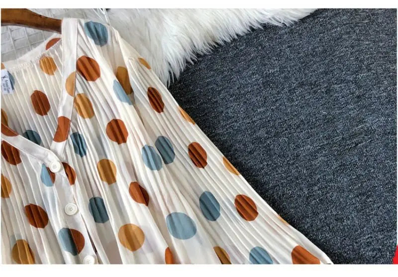 Polka Dot Casual V-Neck Chiffon Blouse with Single Breasted Button and Lantern Sleeve Folds Lightweight Women's Top