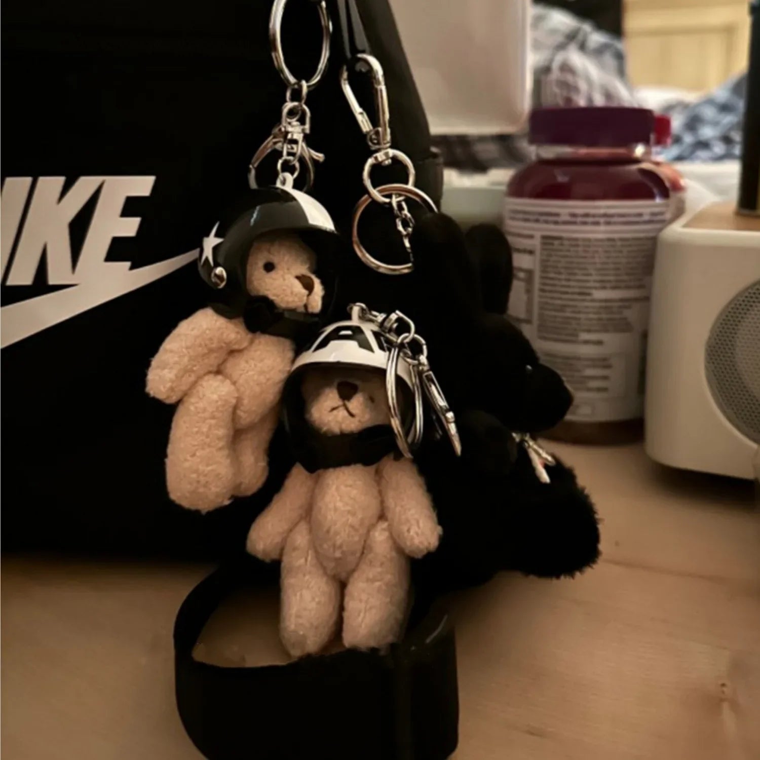 Helmeted Bear Charm Keychain Plush Ornament for Bags and Backpacks
