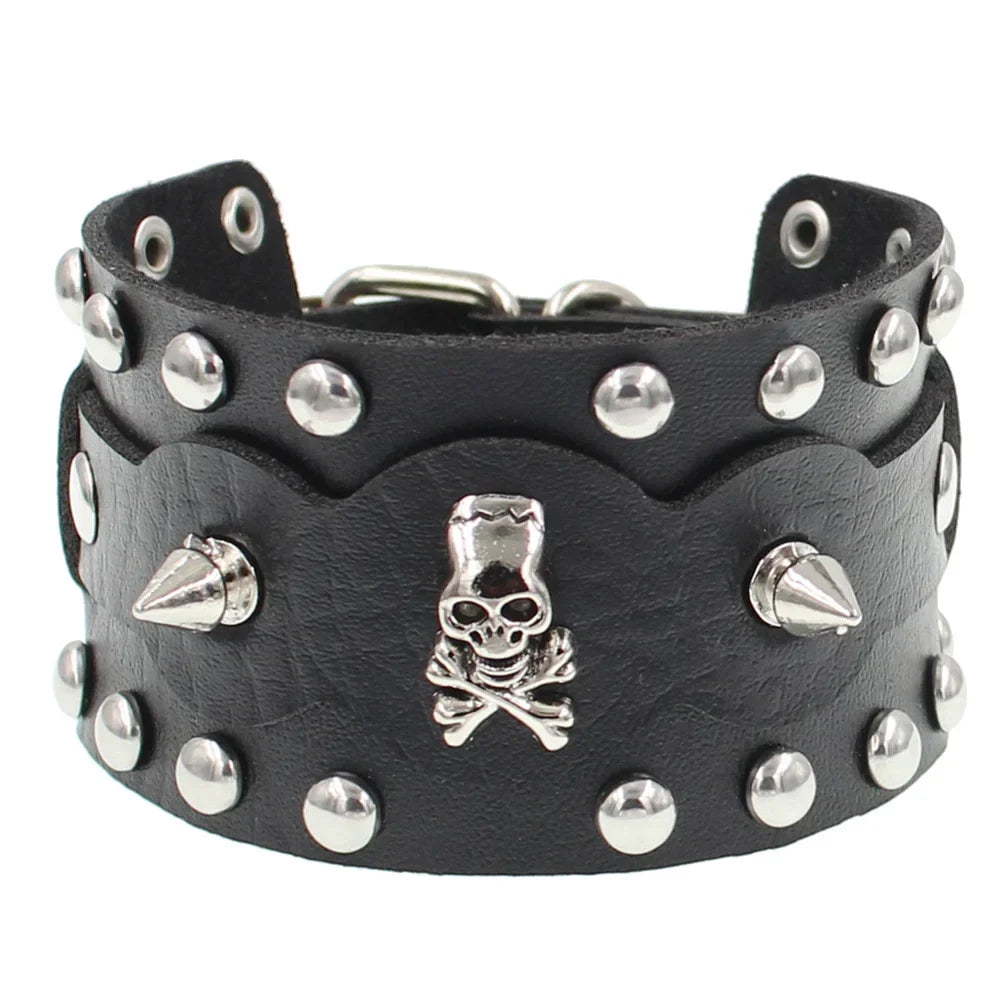 90s Fashion Punk Style Spiked PU Leather Bracelet with Square Studs and Multi-Row Design